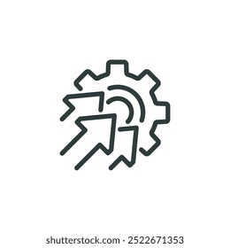 Tecnologia de inovação, implementar otimização de processo, ícone da estrutura de tópicos de produção eficiente em termos técnicos. Sinal de linha engrenagem e três setas. Pictogramas isolados de vetor para a Web em traçado editável de fundo branco.
