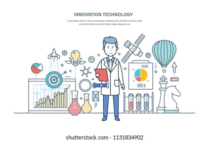 Innovation technology. Introduction of research solutions, scientific works, creative thinking, development of business systems and marketing strategy. Illustration thin line vector doodles.