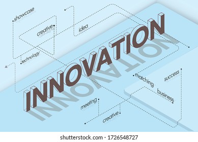Innovation technology isometric text and line dot about innovation on light blue background. Innovation Vector 