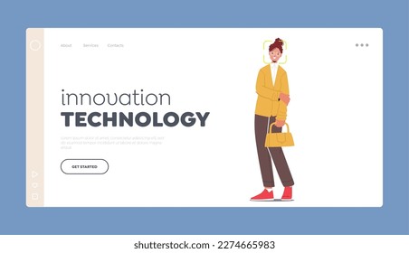 Innovation Technology Landing Page Template. Female Character With Scanning Frame On Face, Concept Of Facial Recognition, Id Verification, Biometric Data Security. Cartoon People Vector Illustration