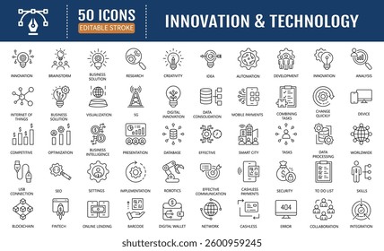 Innovation and technology line editable icon set. Containing as innovation, technology, development, artificial intelligence, digital innovation, and more. Vector Illustration