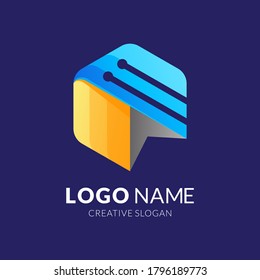 plantilla de logotipo de tecnología de innovación, estilo de logotipo 3d moderno en color azul y amarillo degradado