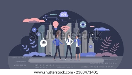 Innovation and technology for modern IOT and smart city systems tiny person concept. Artificial intelligence usage for startup business or process automation vector illustration. Effective IT usage.