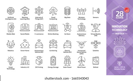 Innovation technology outline icon set with high tech digital smart future business editable stroke line symbols: artificial intelligence, machine learning, internet of things, sensors, mobile web.