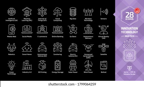 Innovation technology outline icon set with high tech digital smart future business editable stroke line symbols: artificial intelligence, machine learning, internet of things, sensors, mobile web.