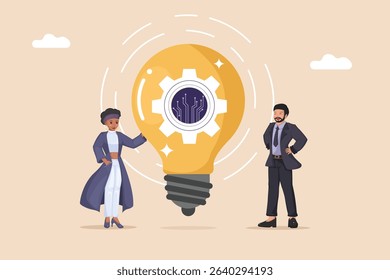 Innovation and Technology Partnership: A Man and Woman Standing Beside a Large Lightbulb with an Integrated Gear and Circuit Board, Symbolizing the Fusion of Ideas and Technological Advancement