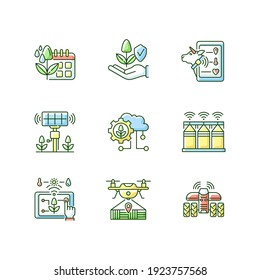 Innovation technology RGB color icons set. Farm automation. Smart agronomy. Digital horticulture. Sustainable production. Isolated vector illustrations