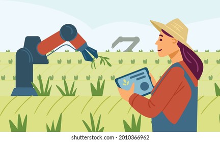 Innovation technology for smart farm system, vector flat style illustration. Agriculture management, hand holding the tablet with smart technology concept. An agronomist remotely controls a robot