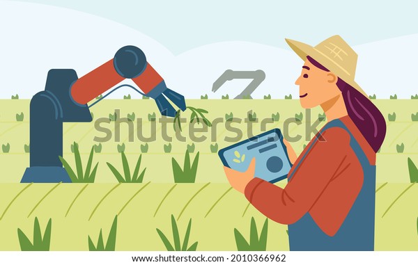 Innovation technology for smart farm system, vector\
flat style illustration. Agriculture management, hand holding the\
tablet with smart technology concept. An agronomist remotely\
controls a robot