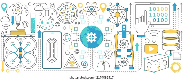 Tecnología de la innovación, equipos científicos de línea delgada e ilustración de símbolos vectoriales. Resumen de robots con drones, reconocimiento de huellas digitales de teléfono, hardware de centro de datos, acceso global y vigilancia