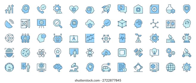 Iconos web de tecnología de innovación establecidos en diseño de línea. Duotone paquete de pictogramas de inicio, inteligencia artificial, proceso de creatividad, escaneo de huellas dactilares, más signos de trazo de contorno. Ilustración vectorial.