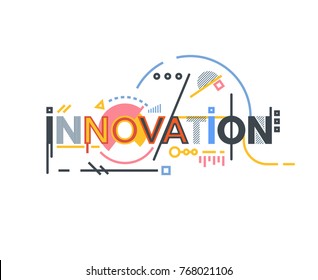 Innovation text banner concept. Thin and thick lines illustration. Circles and squares. Geometric text and letters, abstract shapes. Linear modern, trendy vector banner.