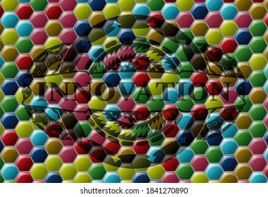 Texto de innovación dentro del emblema multicolor colorido. Fondo delicado de Hexagon. Ilustración vectorial. 