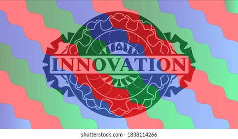 Innovation text inside Colorful realistic emblem. Curvy classic background. Intense illustration. 