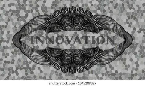 Innovation text inside Guilloche stone wall realistic badge. Rock luxurious background. Intense illustration. 