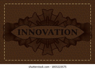 Innovation text inside Linear brown leather badge. Wallet classic background. Intense illustration. 