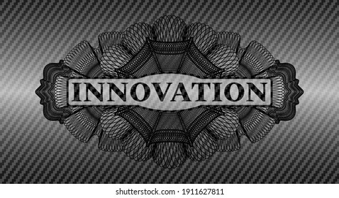 Innovation text inside Linear carbon fiber dark realistic badge. Polymer texture classic background. Illustration. 