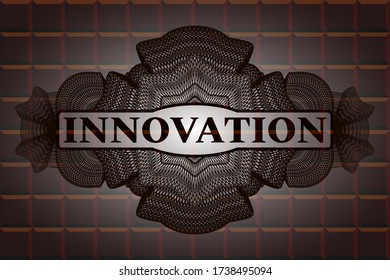 Innovation text inside Linear chocolate bar realistic badge. Brown exquisite background. Artistic illustration. 