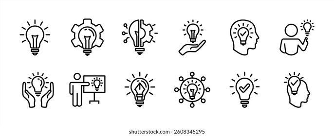 Innovation thin line icon set. Light bulb with gear and head symbol. Containing Creative idea, creativity, solution, suggestion, inspiration, presentation, smart thinking. Vector illustration