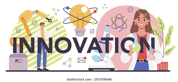 Encabezado tipográfico de innovación. Idea de una solución empresarial creativa. La producción moderna y la invención de la comercialización. Desarrollo tecnológico futuro. Ilustración vectorial plana