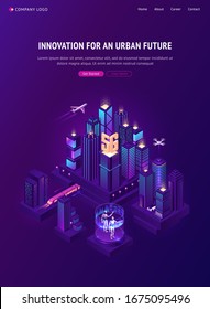 Innovation For Urban Future Isometric Landing Page. Smart City Island With Train And Airplane Transportation, 5g Technology And Ai Robots. Futuristic Neon Glow Smartcity Buildings 3d Vector Web Banner