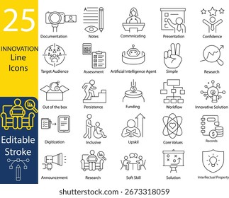 Innovation Vector Icon Set. Business, Startup, Research, Workflow, Communication, AI, Funding, Teamwork, Presentation, Target Audience, Core Values, Solutions, Intellectual Property