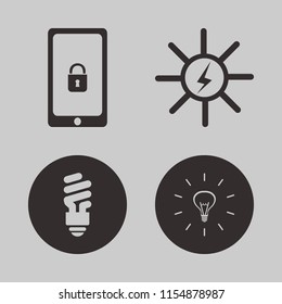 innovation vector icons set. with solar energy, fluorescent bulb, mobile security and bulb in set