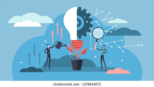 Innovation vector illustration. Flat tiny creativity ideas persons concept. Teamwork with solution lightbulb symbol. Imagination vision analysis and invention research. New and original information.