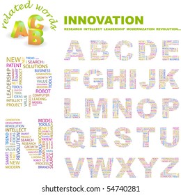 INNOVATION. Vector letter collection. Wordcloud illustration.