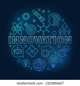 Innovation vector round blue illustration made of innovations icons in outline style on dark background