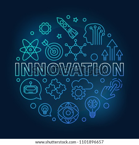 Innovation vector round blue illustration made of innovations icons in outline style on dark background
