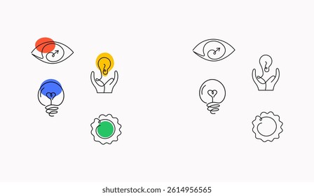 Innovation and Vision Monoline Icon Set. Creativity, Purposeful Ideas, and Strategic Insight in Modern Line Style. Editable Stroke.