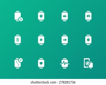 Innovation watch with mail, camera and notifications icons on green background. Vector illustration.