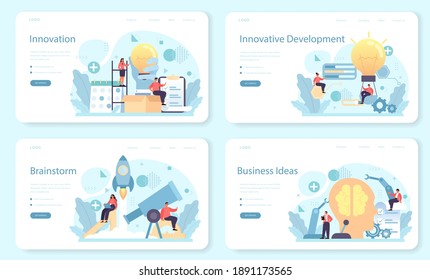 Innovation web banner or landing page set. Idea of creative business solution. Modern production and marketing invention. Business mechanism development. Flat vector illustration