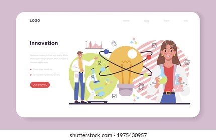 Innovation web banner or landing page. Idea of creative business solution. Modern production and marketing invention. Future technology development. Flat vector illustration