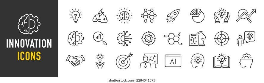 Iconos web de innovación en estilo de línea. Creatividad, Encontrar solución, Brainstorming, tecnología, trabajo en equipo, Inspiración, pensamiento creativo, cerebro. Ilustración vectorial.