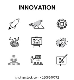 Innovation web Icons set for website and social media business design: Creativity, Inspiration, Technology, Vision, Teamwork, Structure, Development, Launch. Vector pictograms collection.