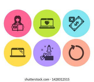 Innovation, Web love and Laptop icons simple set. Rejected payment, Woman read and Loop signs. Crowdfunding, Social network. Flat innovation icon. Circle button. Vector