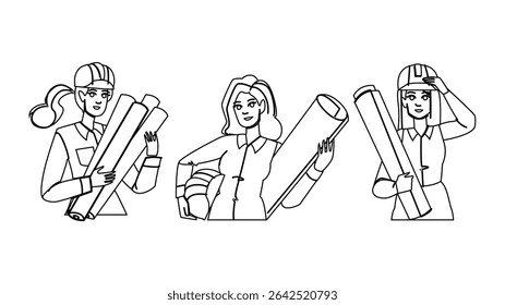 inovação mulher arquiteto vetor. visão de liderança, inspiração experiência, sustentabilidade urbanismo inovação mulher arquiteto personagem. pessoas linha preta lápis desenho ilustração