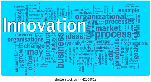 Innovation word cloud illustration. Graphic tag collection.