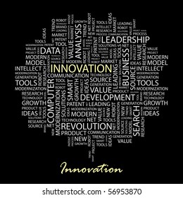 INNOVATION. Word Collage On Black Background. Vector Illustration.