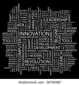 INNOVATION. Word Collage On Black Background. Illustration With Different Association Terms.