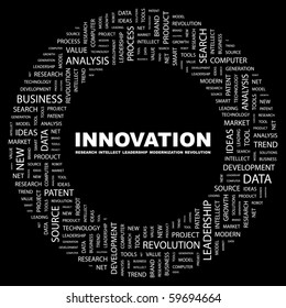 INNOVATION. Word Collage On Black Background. Vector Illustration.