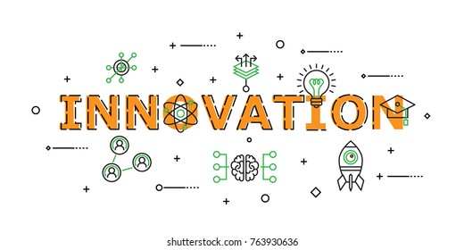 Innovation word with Icon Set in Concept of Innovation and Technology. Flat Thin line designed vector illustration on white Background. Editable Stroke.