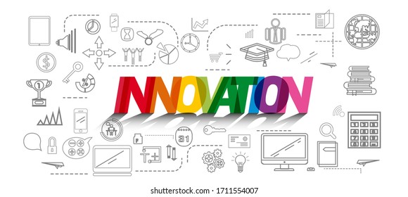 Innovation word lettering typography  colored rainbow. technology theme vector creative illustration with line icons on white background. Innovation technology concept. Thin line art style design.