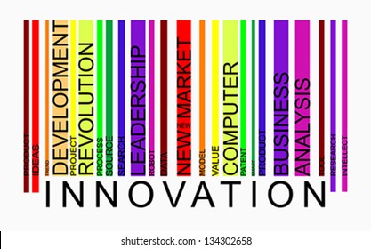 Innovation word tag cloud concept in barcode with supporting words, modern. Word tag cloud bar code,  vector