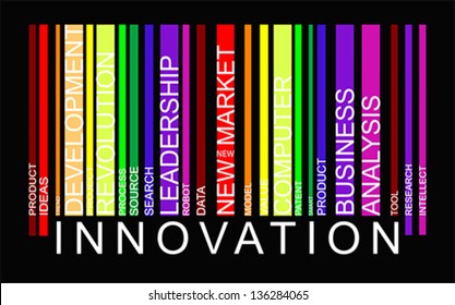 Innovation Innovation word tag cloud concept in barcode with supporting words, modern. Word tag cloud bar code, vector