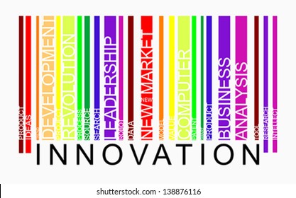 Innovation word tag cloud concept in barcode with supporting words, modern. Word tag cloud bar code, vector