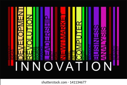 Innovation word tag cloud concept in barcode with supporting words, modern. Word tag cloud bar code, vector