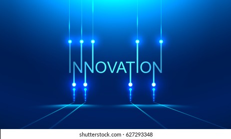 innovation word. technology metaphor or concept banner title. Blue background. PCB board style